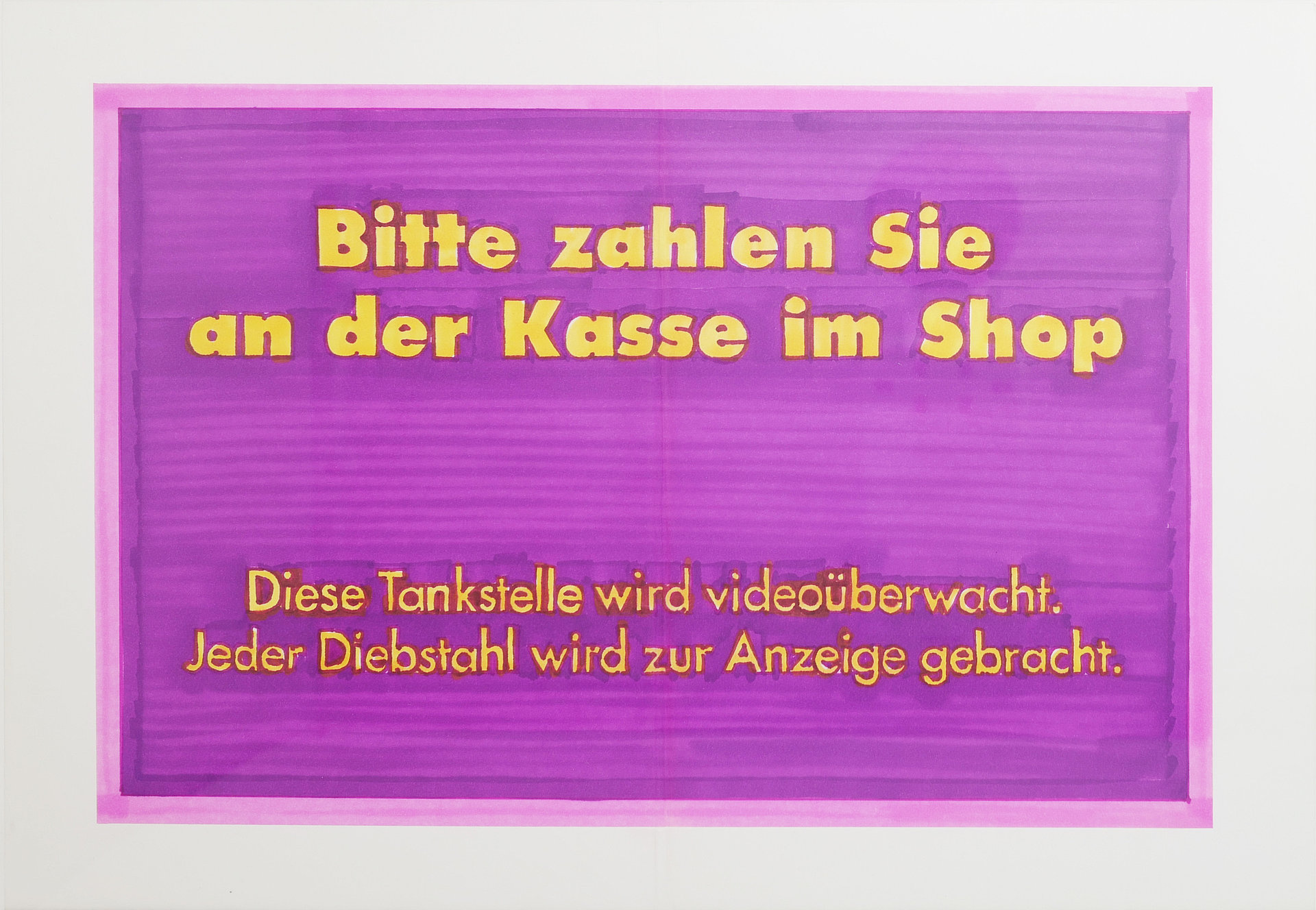 MINOL Hinweisschild Zahlung Videoüberwachung, Zeichnung und Pantone Marker auf Papier, Original unsigniert 1992 Michael Pfister
