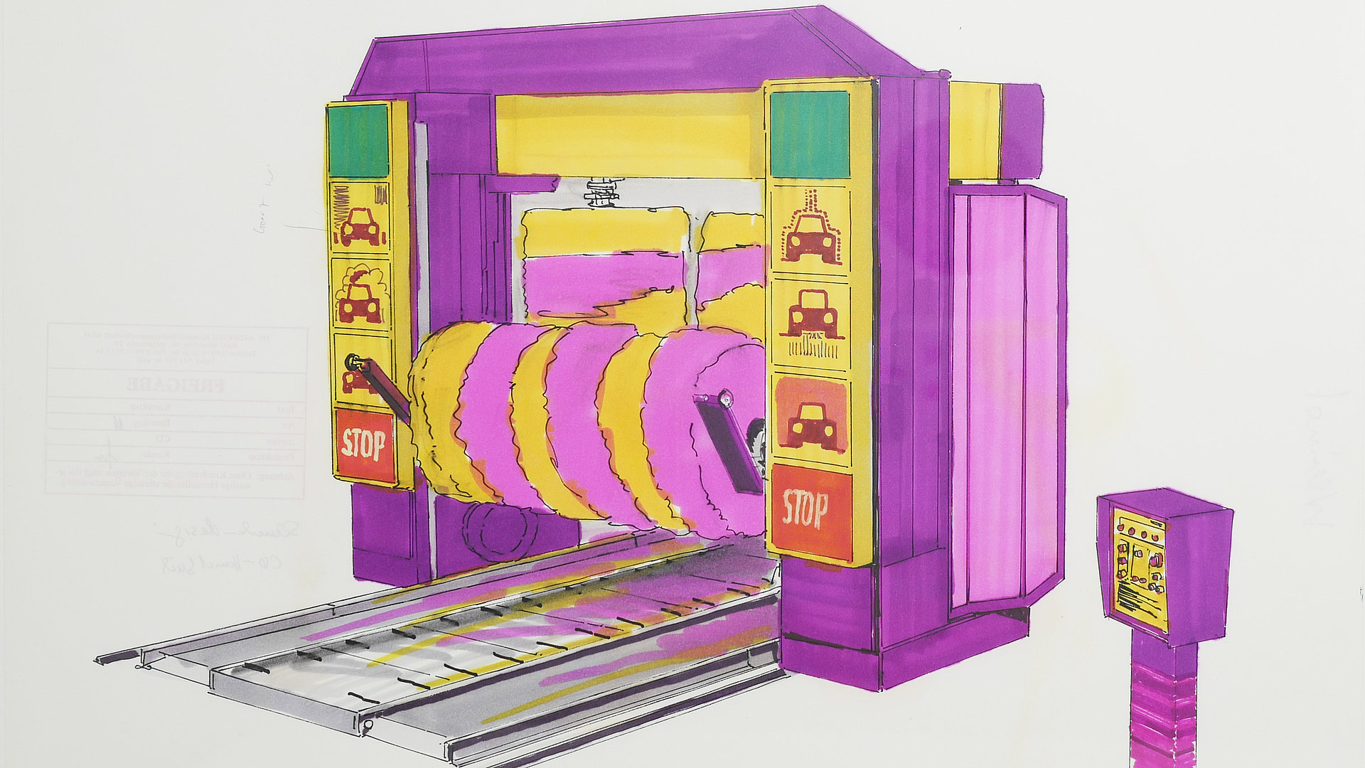 MINOL Designkonzept Waschanlagen 3, Zeichnung und Pantone Marker auf Papier,  Original unsigniert, 1992 Michael Pfister
