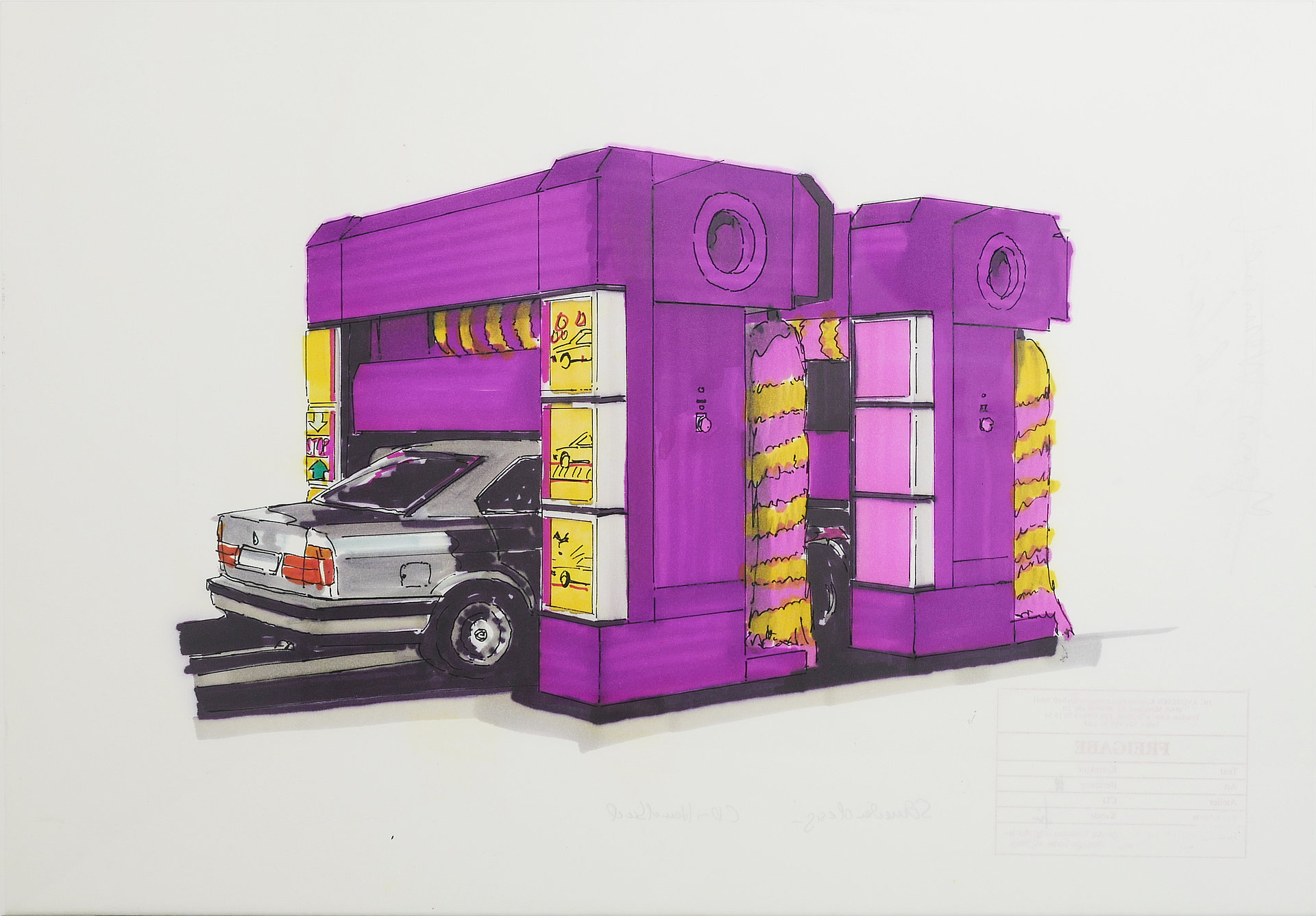 MINOL Designkonzept Waschanlagen 2, Zeichnung und Pantone Marker auf Papier,  Original unsigniert, 1992 Michael Pfister