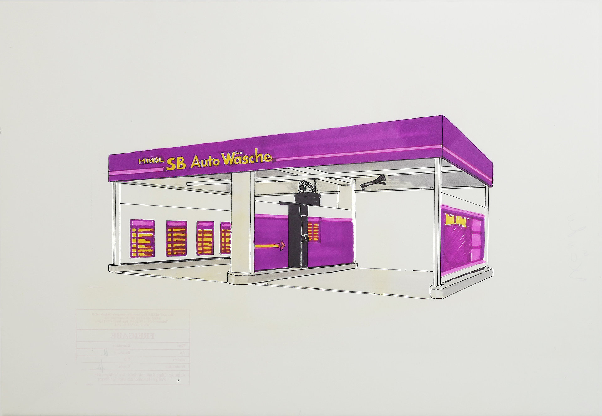 MINOL Designkonzept Waschanlagen 1, Zeichnung und Pantone Marker auf Papier,  Original unsigniert, 1992 Michael Pfister