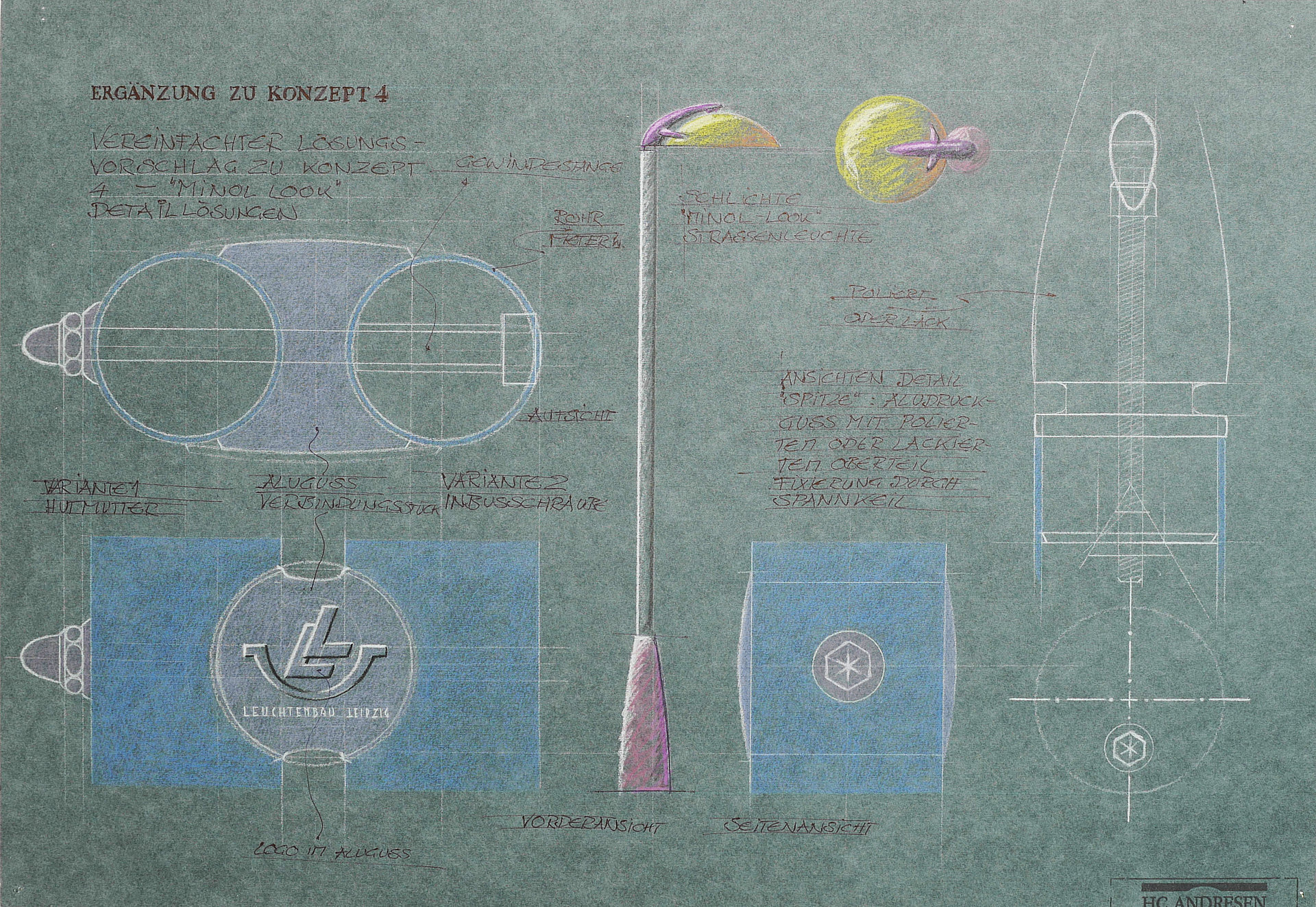 MINOL Entwurfskizze Lampen für Leuchtenbau Leipzig, Zeichnung Kreide Pantone Marker auf Schöller Zeichenkarton, Original unsigniert Robert Heinrich 