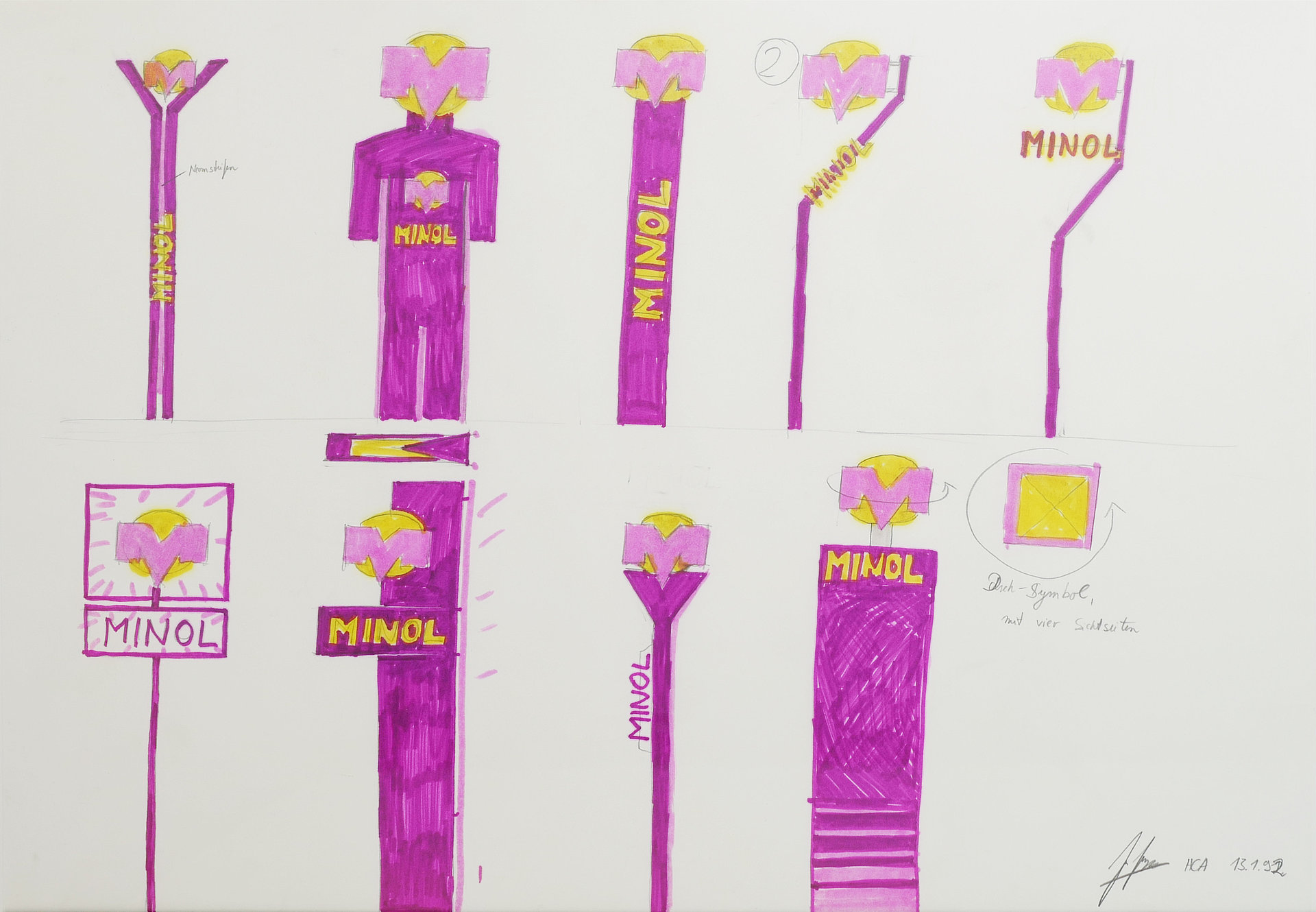 MINOL Designskizzen Pylon 1, Zeichnung und Pantone Marker auf Papier, Original datiert und signiert, Jannet Armstrong HCA 13.1.92 