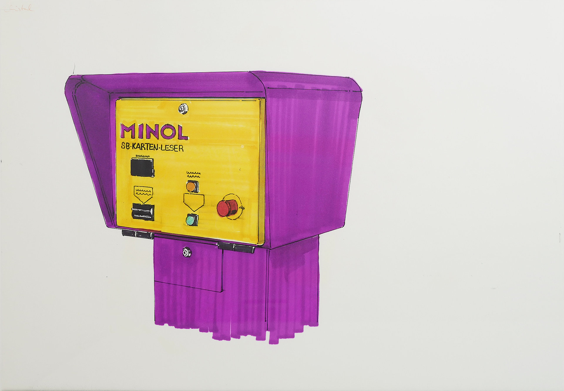 MINOL Designkonzept Waschanlagen 7, Zeichnung und Pantone Marker auf Papier,  Original unsigniert, 1992 Michael Pfister