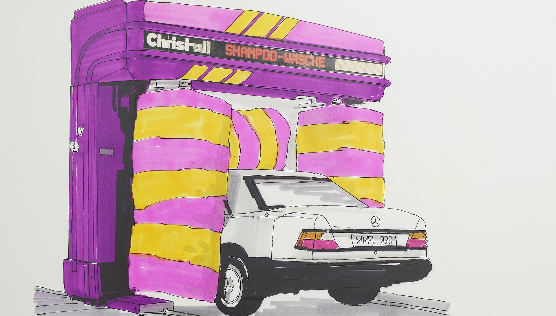 MINOL Designkonzept Waschanlagen 4, Zeichnung und Pantone Marker auf Papier,  Original unsigniert, 1992 Michael Pfister